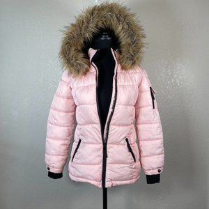 JUSTICE • Pink Puffer Winter Coat Jacket Hooded • Removable Fur • Medium (10)